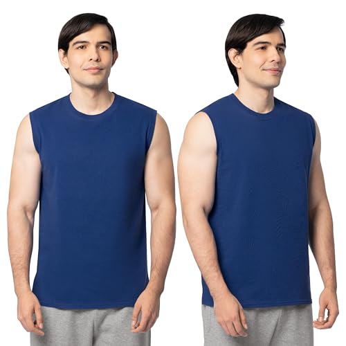 Fruit of The Loom Men's Eversoft Cotton Sleeveless Tees, Tank Tops & Muscles, Moisture Wicking & Breathable, Sizes S-4X, Muscle-2 Pack-Blue