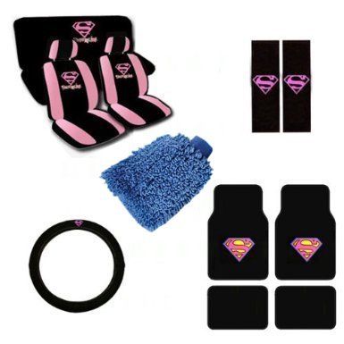 Click Here to See More Images 16 Piece Auto Interior Gift Set - SUPERGIRL Classic Logo - 2 Front Seat Covers (2 Front and 2 Bottom), 2 Headrest Covers, 2 Seat Belt Shoulder Pads, 1 Steering Wheel Cover, 1 Bench Seat Cover (1 Top and 1 Bottom), 4 Floor Mats (2 Front and 2 Rear) & Bonus Detailing WashMitt