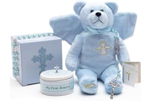 CASCADE GOODS - My First Rosary Beads, Keepsake Box & Holy Angel Prayer Bear Plush, Baptism Gifts for Boys - Christening Gifts for Boys Includes Gift Box