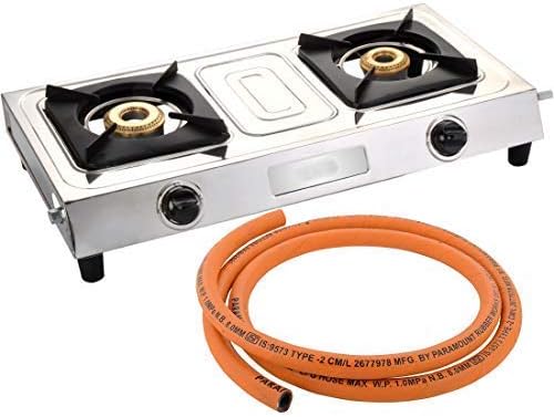 Surya Shining Flame Classic Stainless Steel 2 Burner Gas Stove with 1.2 m LPG Hose Pipe Combo