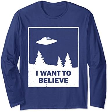 Unisex Vintage White I Want To Believe UFO Long Sleeve T-Shirt Medium Navy