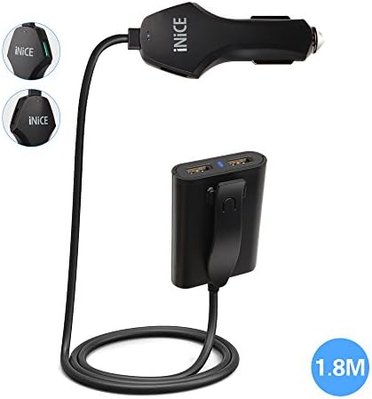 Car Charger 9.6A/48W iNiCE 4 Smart USB Port Mini Powerful with 6ft(1.8m) Extending Cable Back Seat Dual-Port for Backseat Passengers Car Charger Adapter for Smartphones and Tablets - Black