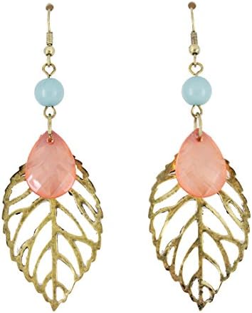 Gold Tone Light-weight Detailed Leaf Dangle Drop Earrings (Leaf F)