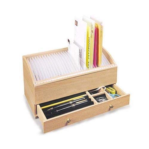 Natural Wood Space Saver Letter and Bill Organizer with Compartments Drawer and 31 Slots