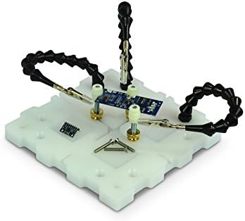 FalconLoc (White) - Third Hand Helping Hands Tool for Soldering with a PCB holder and 3 flexible LocLine arms part of a modular system, built in trays, swiveling alligator clips, ¼-20 t-slots
