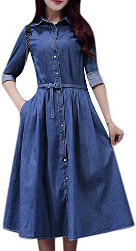 Enlishop Women's Casual Pleated Long Sleeve Blue Long Tunic Denim Shift Dress Dark Blue 6