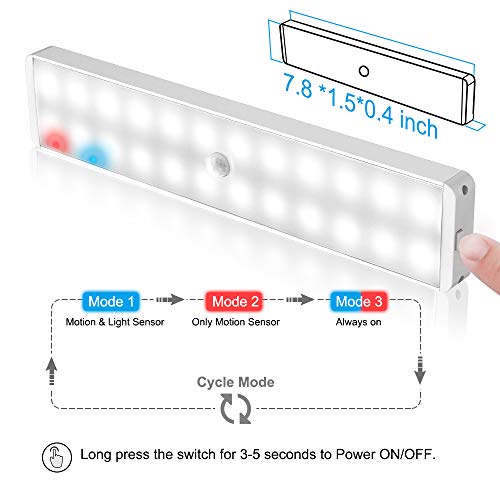 LED Closet Light, 24-LED Rechargeable Motion Sensor Closet Light Wireless Under Cabinet Light Stick on Night Light Bar for Closet Hallway Cabinet Stairway Wardrobe Kitchen 2 Sensor Modes (3 Pack)