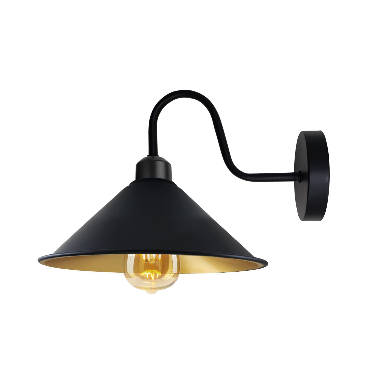 Led Wall Lights Indoor Modern Black Inner Gold 22cm Cone Shaped Shade Swan Neck Led Sconce Fittings Not Battery Operated Wall Lamp for Living Room, Bedroom, Hallway