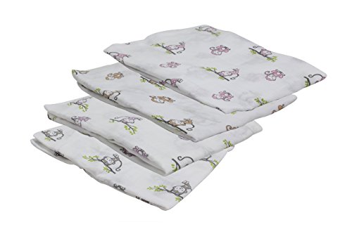 Bacati Set of 4 Happy Monkeys Muslin Swaddling Blankets, Pink/Purple/Grey