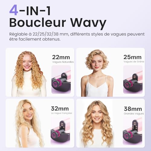 22/25/32/38mm Réglable Boucleur Wavy - 4 In 1 Boucleur a Cheveux Boucleur 3 Tete, Anti-brûlure, Convient aux Débutants, Chaleur Constante Ciblée, Display Digitale, 4 Temperature, Or Rose