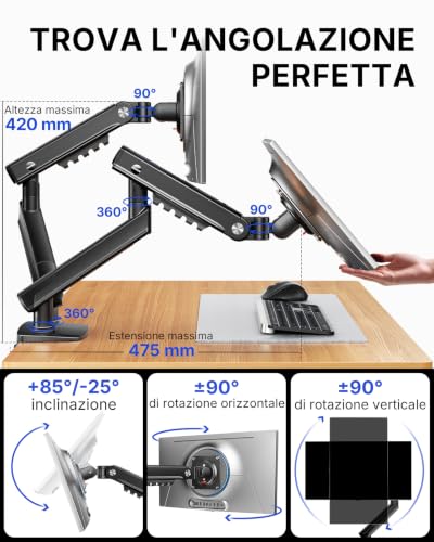 HUANUO Dual Monitor Arm for 13-32" Screens (Max 9 kg), FlowLift Pro Monitor Stand, MechaSpring (Tilt/Swivel/Rotatable), Toolless VESA Mount, Base with C-Clamp or Grommet