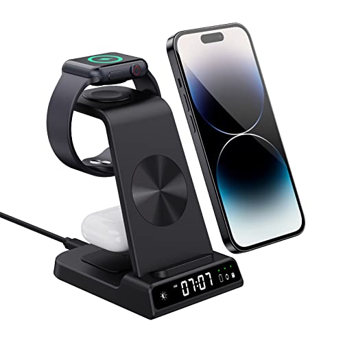 Handy Induktionsladegeräte für iPhone,Phelinta 3 in 1 Kabellose Ladestation mit Uhr Kompatibel mit iPhone 14/13/12/Pro/Pro Max, Kabellose Ladestation für iwatch 8/7/6/5/4/3 und Pods Pro/3/2