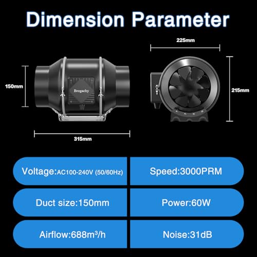 Brogachy 150 mm Adjustable Extraction Fan 689m³/h, 3000 RPM Air Extractor Fan with Three Phase EC Motor, for Bathroom, Booster, Grow Tent, Garage, Cucina.