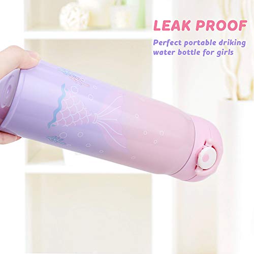 Kids Water Bottle Thermoses Mermaid Water Bottle Cup Metal Stainless Steel Vacuum Insulated Water Flask for School Kids Girls Leak Proof BPA Free (Pink-purple mermaid 17oz) - Thumbnail 2