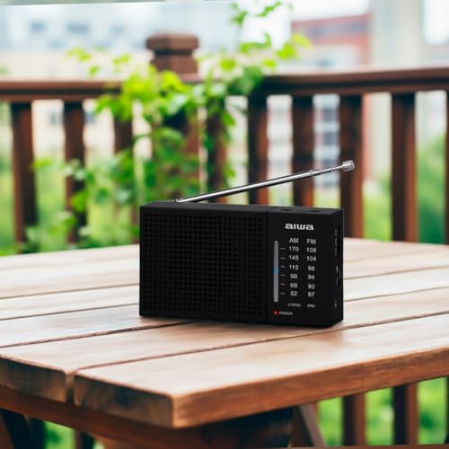 Aiwa Radio Portátil Am/FM Analógica AWFML2, Altavoz 1.5”, Antena Telescópica, Funciona con 2 Pilas AA, Entrada Audífonos 3.5 mm, Compacta y Ligera, Color Negro