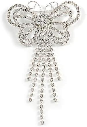 Striking Diamante Butterfly With Dangling Tail Brooch, silver, white / ivory, iridescent - Image 3