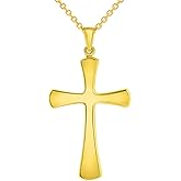 Jewelry America 14k Yellow Gold High Polished Large Simple Religious Cross Pendant With Cable, Curb or Figaro Chain Necklace