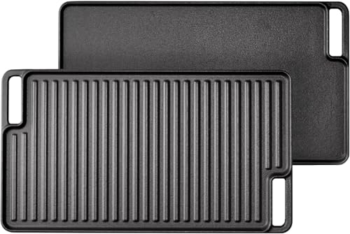 2-in-1 Reversible Grill Plate, 18"x10" Pre-Seasoned Cast Iron Griddle, Double-sided Flat Top Plate for Gas Stovetop, Oven, or Open Fire, Rectangular Flat Pan for Camping, Roasting and Grilling