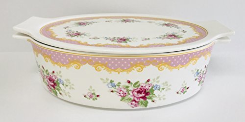 Click Here to See More Images Hydrangeas & Butterflies Decorate This Spring | 3 In 1 Oven Safe Lidded Porcelain Baking Dish | Casserole | Use The Lid For A Tray Or Trivet | (Pink Rose Pattern | Oval 11.5 x 7.5 x 3 inches)
