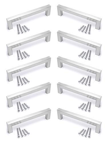 BSM Marketing Stainless Steel Finish Square Modern Kitchen Cupboard Cabinet Drawer Bar Door Handle Knob Matt Finish (10, 128mm)