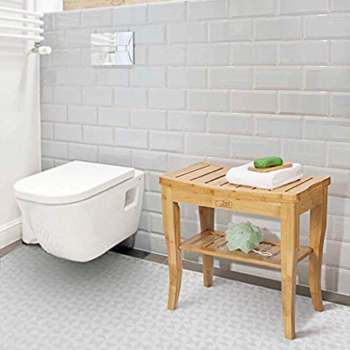 OasisCraft Bamboo Shower Chair with Free Soap Dish, 19" Waterproof Bamboo Shower Seat Bench with Shelf, Wooden Bathroom Seat Stool Spa Bath Organizer, Perfect for Indoor Outdoor