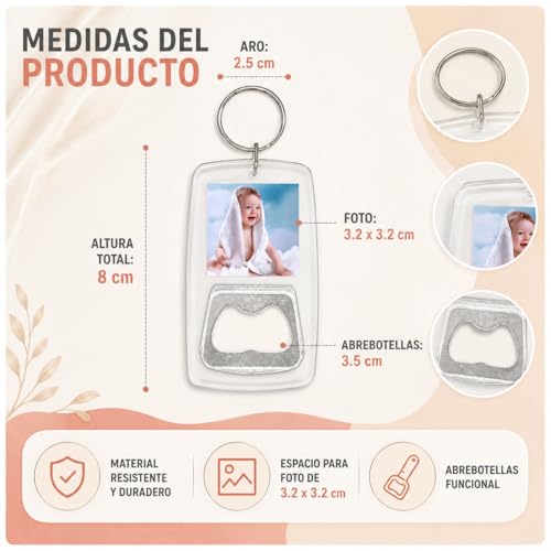 Llavero Destapador de Cerveza 50 Piezas, Destapadores para Recuerdos con Marco Acrílico para Foto 3.2 x 3.2 cm, Abridor de Botellas para Boda, XV Años, Bautizo, Cumpleaños, Fiestas y Eventos