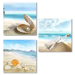 3 Piece Canvas Wall Art for Living Room, Bedroom Seashell Starfish on Beach Canvas Prints for Home Decoration Ready to Hang - 12"x12"x3 Panels