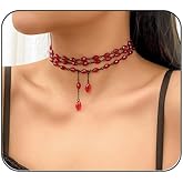Gothic Blood Drop Fringe Necklace,Vintage Crystal Blooddrip Choker Punk Style Multi-layered Pearl Beaded Necklaces Goth Vampire Clavicle Halloween Jewelry Decorations