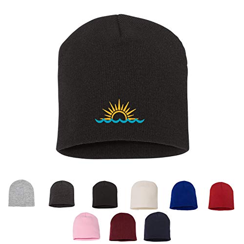 Sunset Knit Warm Winter Hat Embroidered Beanie Black
