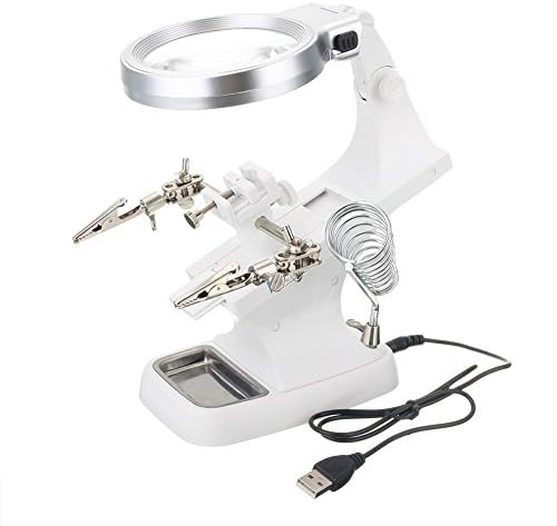 Welding Magnifier LED Light Helping Third Hand Magnifier Station,Multifunctional Welding Led Magnifier Soldering Iron Stand, 3X Main Lens 4.5X Accessorial Lens(White)(White)