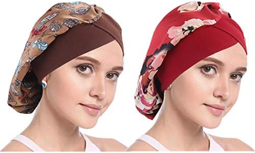 Simoda Satin Floral Night Cap for Curly Hair Elastic Band Sleeping Hat Hair Care Satin Bonnet (2 Pack (Coffee+wine))