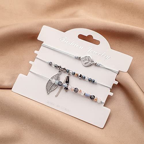DDRICH 3 Pcs String Bracelet Handmade Braided Rope Charms Boho Seed Beads Surfer Bracelet for Women Girls (Leaf)