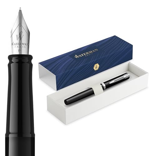 Waterman Impression Fountain Pen | Medium Nib with Blue Ink Refill | Black Lacquer with Palladium-Coated Trim | Gift Box
