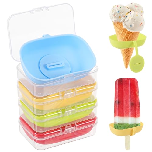 TranRantic 4 Pcs Popsicle Holder for Kids, Reusable Ice Cream Holder with Storage Box, Two Ways of Use, Silicone Drip Free Ice Pop Holder for Summer Party (Red, Green, Blue, Yellow)