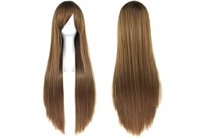 IMISSU 80cm Long Straight Natural Hair Cosplay Wigs with Bangs Colorful Halloween Costume Party Wig for Girl (Brown)