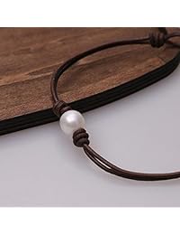 Perlas cultivadas de agua dulce blanco pulsera cordón de piel 2 Strands café joyas 8 inches