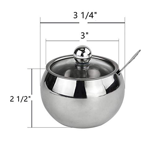 2 Pack 10 OZ Endurance Stainless Steel Sugar Bowl, Newness Sugar Bowl, with Spoon and Clear Lidfor Suitable for home and kitchen