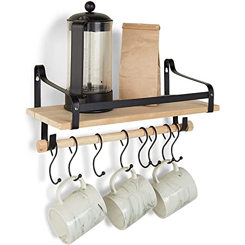 Floating Kitchen Shelf with 8 S Hooks, Wall Mounted (15.75 x 7 x 7