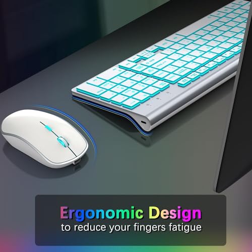 JOYACCESS Teclado y Mouse Inalámbrico Recargable Retroiluminación Blanco | RGB 7 Opciones 2.4G Inglés QWERTY