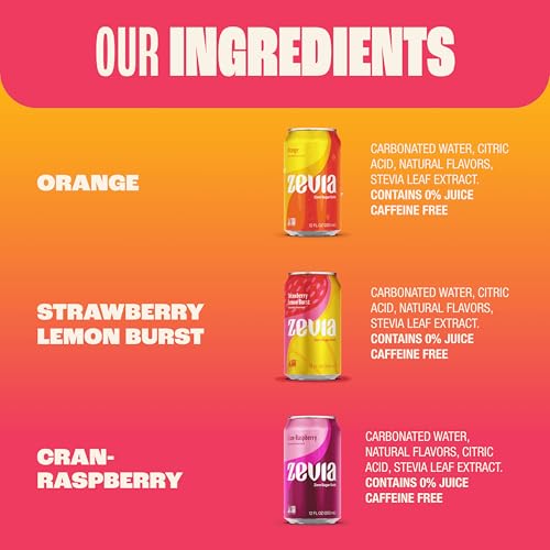 ZEVIA ZERO SUGAR SODA, FRUITY VARIETY PACK, 12 OZ CANS (24-PACK) – NATURALLY SWEETENED, ZERO CALORIE SUGAR FREE SODA – NON-GMO PROJECT VERIFIED, GLUTEN-FREE, VEGAN