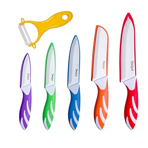 Click Here to See More Images Ceramic Knife Set - 6 Piece kitchen Set of Knives Ceramic Set with Sheaths Covers & Ceramic Peeler – Anti-Bacterial Blade Knives - Includes Paring, Fruit, Utility, Chef & Bread Knife – By CINQUS