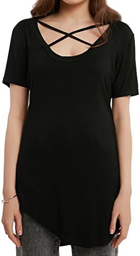 Women T Shirt Summer Sexy Criss Cross Long Loose Casual Tops Cross Tie O-neck Short Sleeve Blouse (XXL, Black)