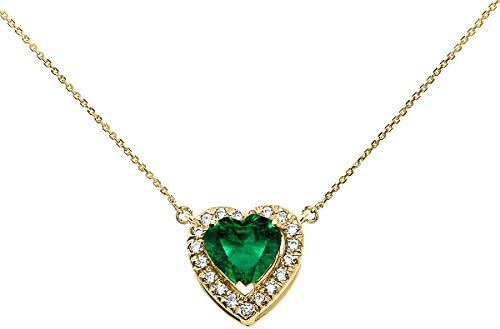 14k Yellow Gold Diamond and May Birthstone green CZ Heart Solitaire Necklace, 22"