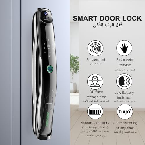 Makayuron Smart Door Lock, 7IN1,3D Face Recognition,Palmprint, Fingerprint, IC card,Passcode,Mechanical keys.Tuya app supported.Equipped with 6068 mortise,Class C lock cylinder (M03-FH)