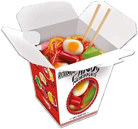 Raindrops Gummy Candy Noodles Takeout Box with 6 Kinds of Candies - Yummy Shrimp, Egg, Vegetables and Toppings Made from Gummies - PACK OF 3