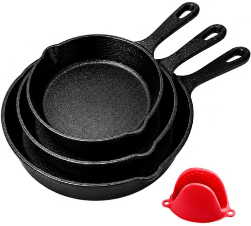 RAIHOMKIT 3 Pack Cast Iron Skillet, 6.3/7.9/10.2 In Black Round Frying Pan - Used condition - US$28.30