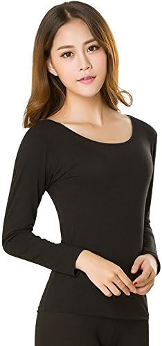 Women's Crewneck Stretch Thermal Underwear Set Top &amp; Bottom / Base Layer Thermals (Free Size, Black)