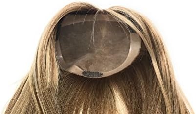 14 inch Long Straight Real Natural Human Hair – Women’s Kippah Toppers - Monofilament Bondable Hairpiece Closure / Cover Color #6/613 Light Brown W/ Platinum