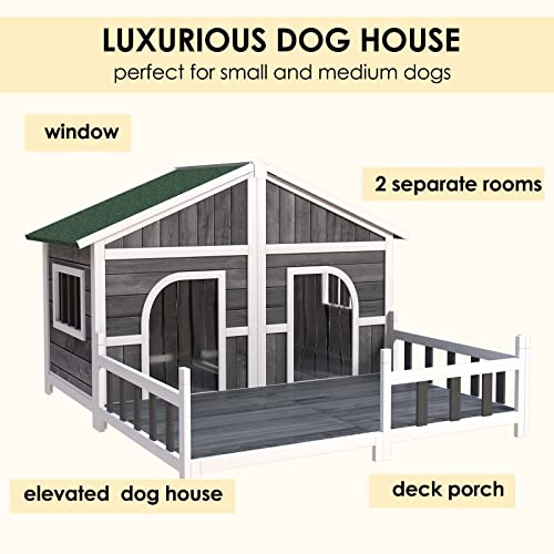 Lovinouse Wooden Outdoor Dog House With 2 Rooms And Porch Deck