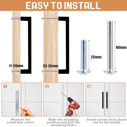 Tufa 10 x Black Kitchen Handles 160 mm – Stainless Steel Kitchen Cabinet Handles with 10 Long Screws, 20 Short Screws, for Drawers, Cabinets and Cabinets